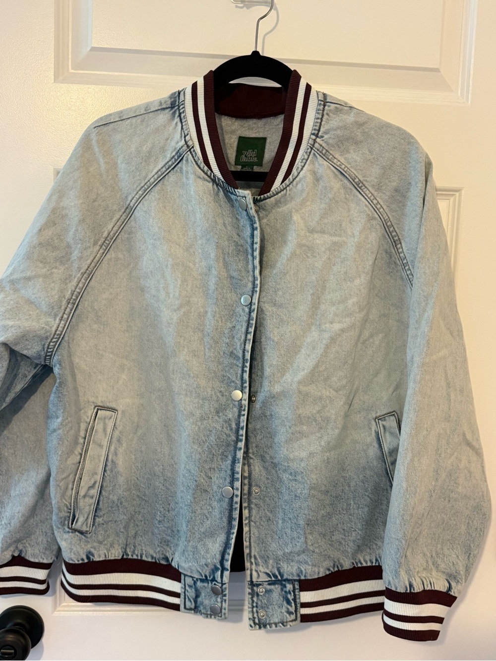 wild fable Light Blue Denim Bomber Jacket with Burgundy & White Stripe Trim